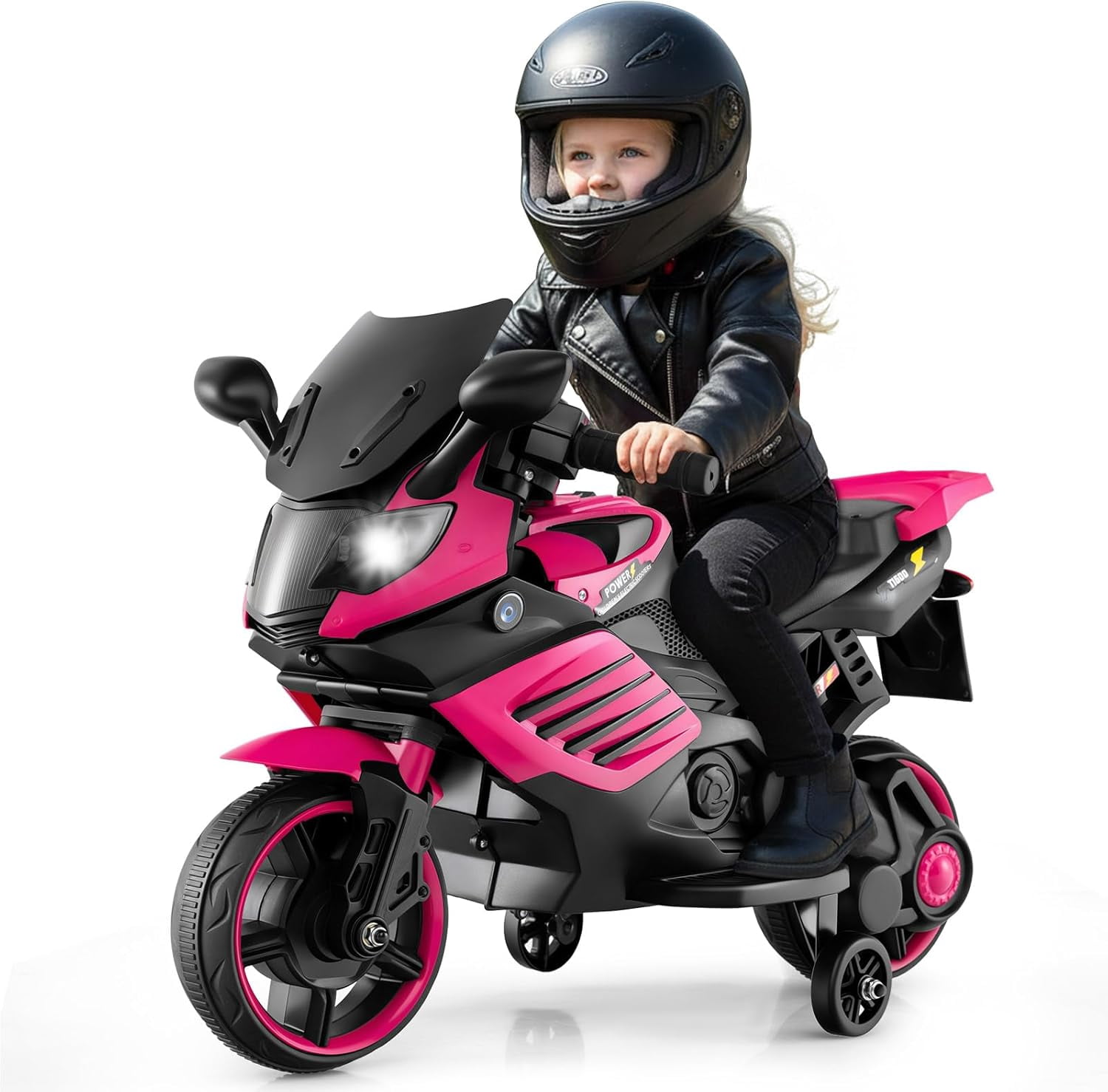 OLAKIDS 6V Kids Motorcycle with Training Wheels, Horn, Music, Headlight for Boys Girls Aged 3+ Years