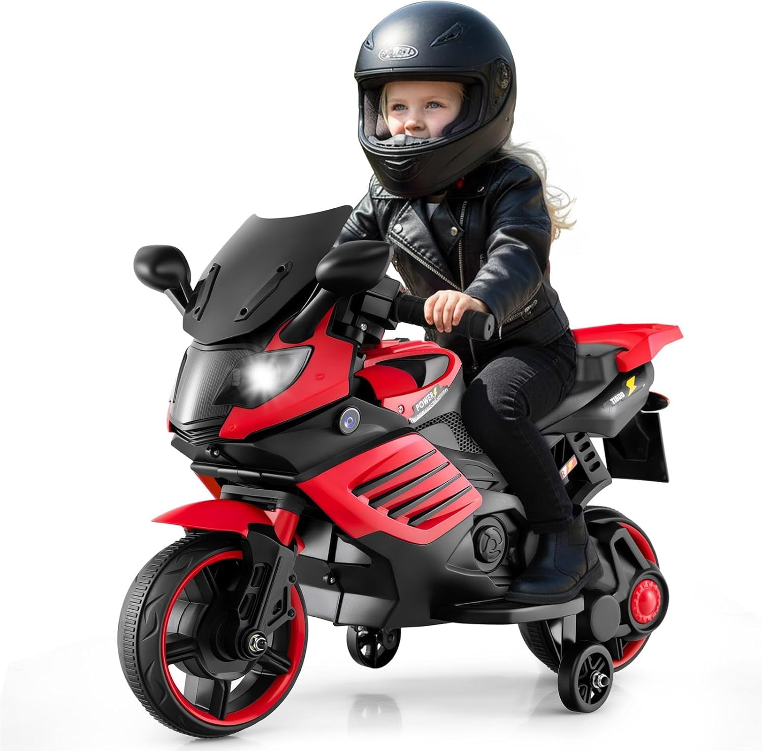 OLAKIDS 6V Kids Motorcycle with Training Wheels, Horn, Music, Headlight for Boys Girls Aged 3+ Years