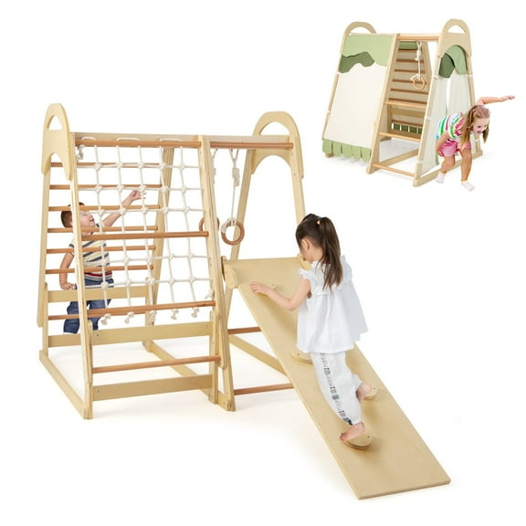 OLAKIDS 7 in 1 Kids Indoor Playground, Wooden Montessori Climber Playset with Tent Slide Climbing Rock Climbing Net for Toddlers Age 3+