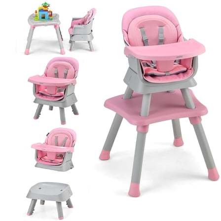 OLAKIDS 8 in 1 Baby High Chair, Convertible Highchair for Babies and Toddlers, Infant Dining Booster Seat, Building Block Table, Kids Stool Table Chair Set with Removable Tray (Pink)