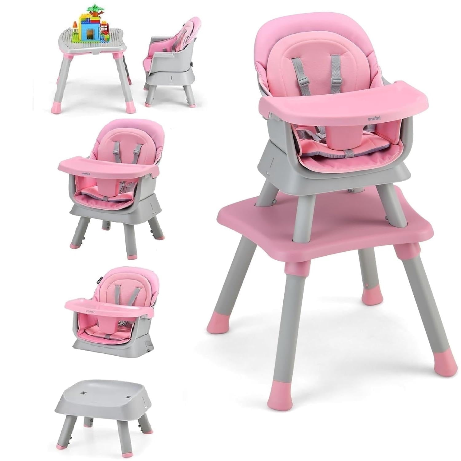 INFANS 8 in 1 Baby High Chair, Convertible Highchair for Babies and Toddlers, Infant Dining Booster Seat, Building Block Table, Kids Stool Table Chair Set with Removable Tray (Pink)