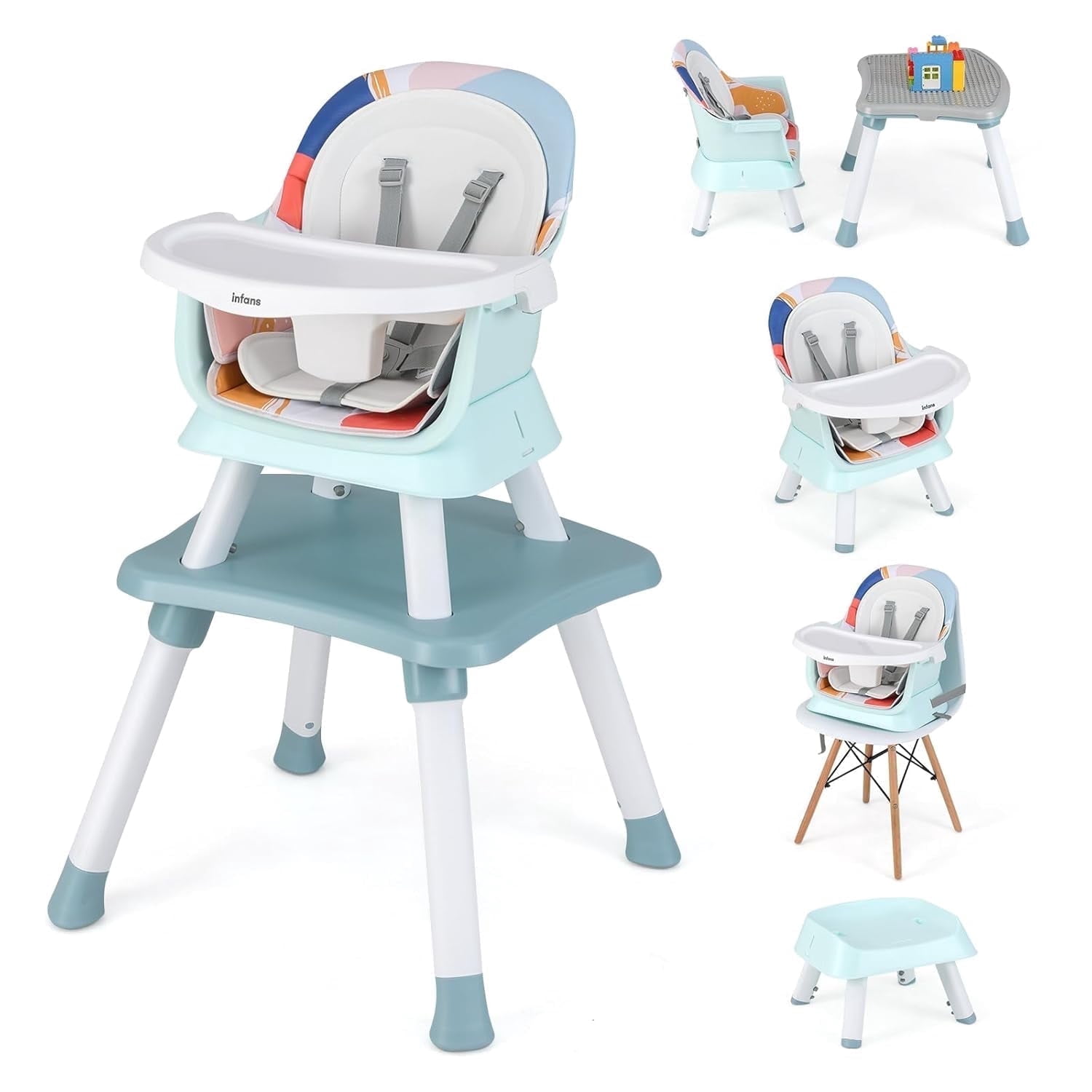INFANS 8 in 1 Baby High Chair, Convertible Highchair for Babies and Toddlers, Infant Dining Booster Seat, Building Block Table, Kids Stool Table Chair Set with Removable Tray
