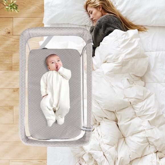 INFANS Baby Bedside Bassinet, Over-Bed Baby Bassinet with Adjustable Height, Safe Close Sleeping, Storage, Lowering Wall for Easy Access, Newborn Girls Boys Aged 6-18 Months