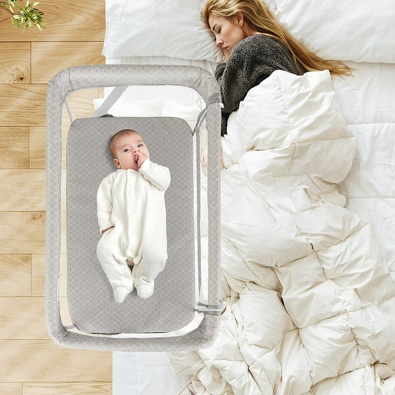 OLAKIDS Baby Bedside Bassinet, Over-Bed Baby Bassinet with Adjustable Height, Safe Close Sleeping, Storage, Lowering Wall for Easy Access, Newborn Girls Boys Aged 6-18 Months