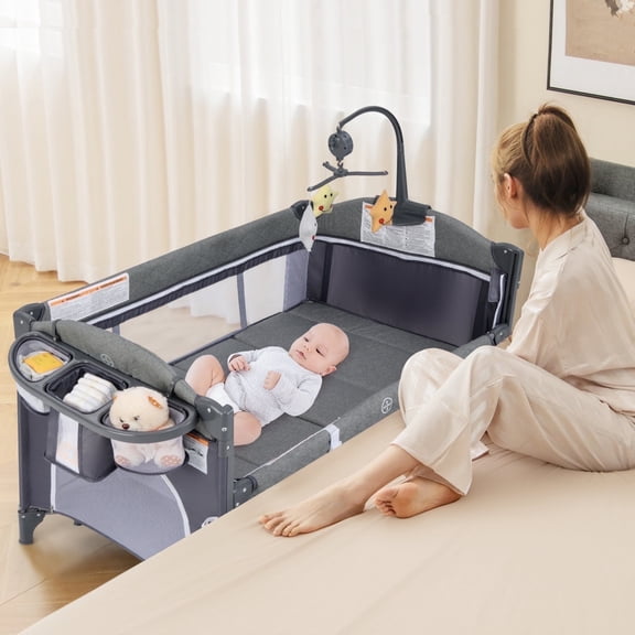 INFANS 5 in 1 Portable Playard, Larger Size Baby Bassinet Bedside Sleeper, Diaper Changer, Mattress, Carry Bag, Music Box & Hanging Toys, Foldable Bedside Crib for Newborn Toddlers