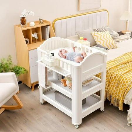 OLAKIDS Baby Changing Table, Diaper Dresser Station with Latex Pad and Pillow, 3 Hanging Boxes, 2 Storage Racks, Lockable Wheels, Mobile Nursery Organizer for Newborn Infant