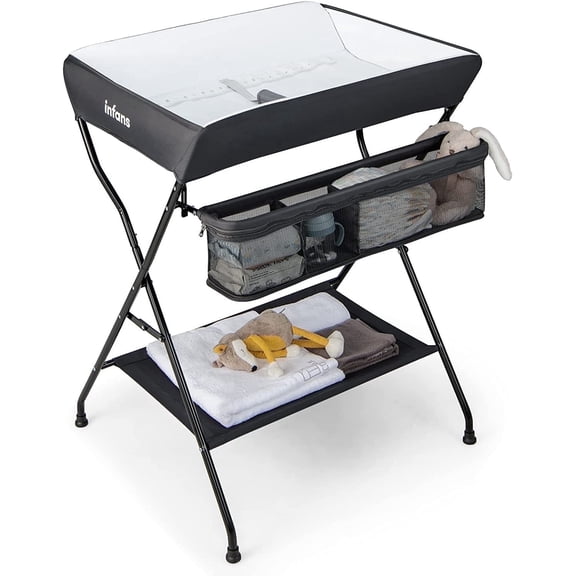 INFANS Baby Changing Table, Folding Diaper Station Portable Nursery Organizer with Safety Belt and Large Storage Racks for Newborn Baby and Infant (Black)