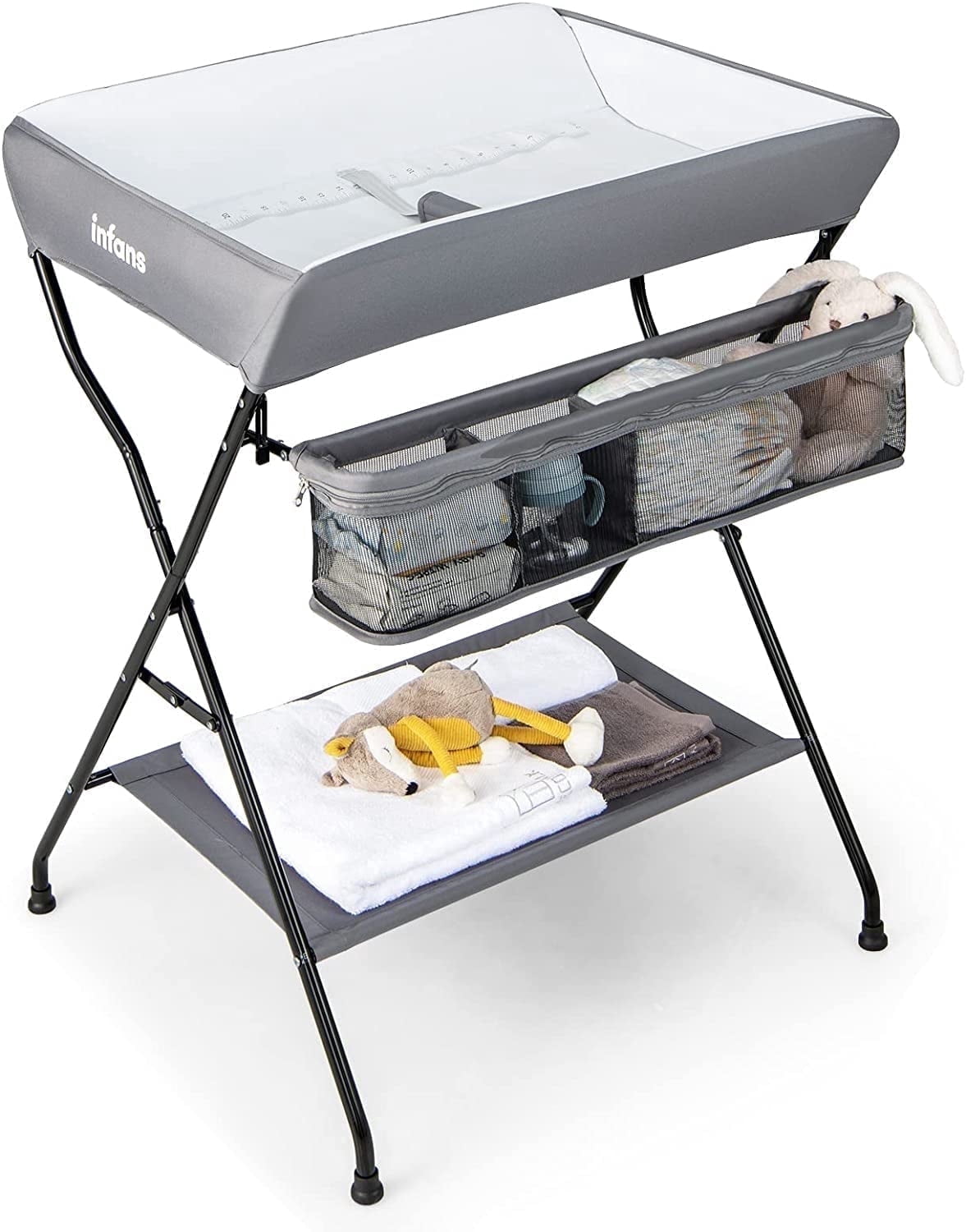 INFANS Baby Changing Table, Folding Diaper Station Portable Nursery Organizer with Safety Belt and Large Storage Racks for Newborn Baby and Infant (Grey)