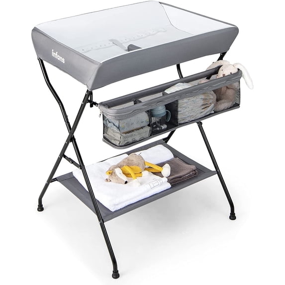 INFANS Baby Changing Table, Folding Diaper Station Portable Nursery Organizer with Safety Belt and Large Storage Racks for Newborn Baby and Infant (Grey)