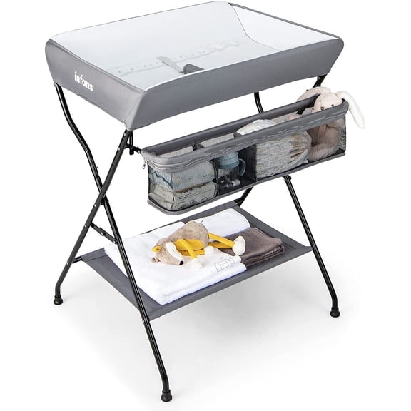 INFANS Baby Changing Table, Folding Diaper Station Portable Nursery Organizer with Safety Belt and Large Storage Racks for Newborn Baby and Infant (Grey)