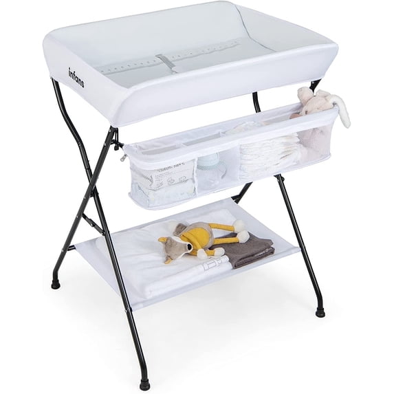 INFANS Baby Changing Table, Folding Diaper Station Portable Nursery Organizer with Safety Belt and Large Storage Racks for Newborn Baby and Infant (White)