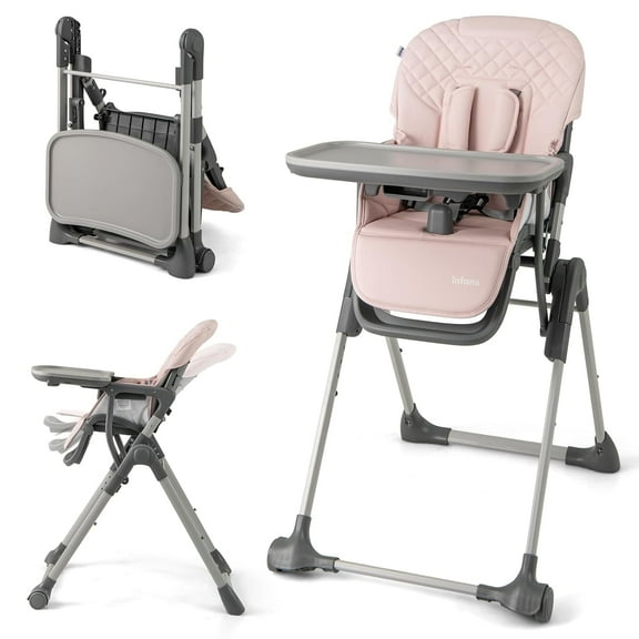 OLAKIDS Baby High Chair, Convertible Quick Folding Portable Highchair for Babies and Toddlers with Adjustable Height Backrest Footrest 2 Wheels Removable Tray, Easy to Clean PU Seat