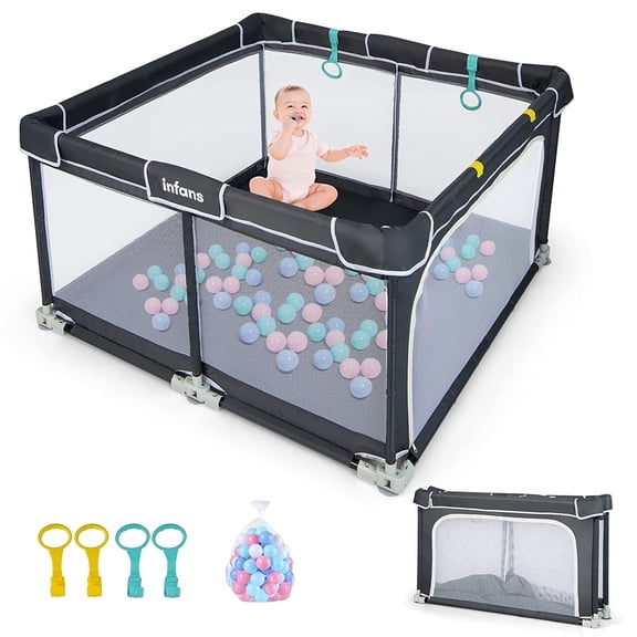 INFANS Baby Playpen, 50x50 Foldable Large Baby Playard for Toddlers with Gate, Soft Visible Mesh, Indoor Outdoor Kids Activity Center Baby Fence with 4 Handlers 50 Ocean Balls (Black)