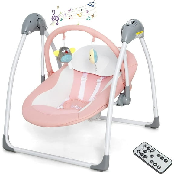 OLAKIDS Baby Swing for Infants, Compact Portable Baby Electric Rocker Chair for Newborn with 5 Speed Natural Sway Music Timing 2 Toys Remote Control, 0-6 Months Boy Girl (Pink)