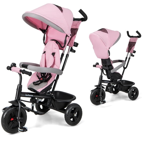 OLAKIDS Baby Tricycle, 6 in 1 Baby Trike Stroller Toddler Bike with Reversible Seat, Adjustable Handle, Control Direction, Removable Canopy, Safety Harness, Belt, Storage Basket, 9 Months-5 Years