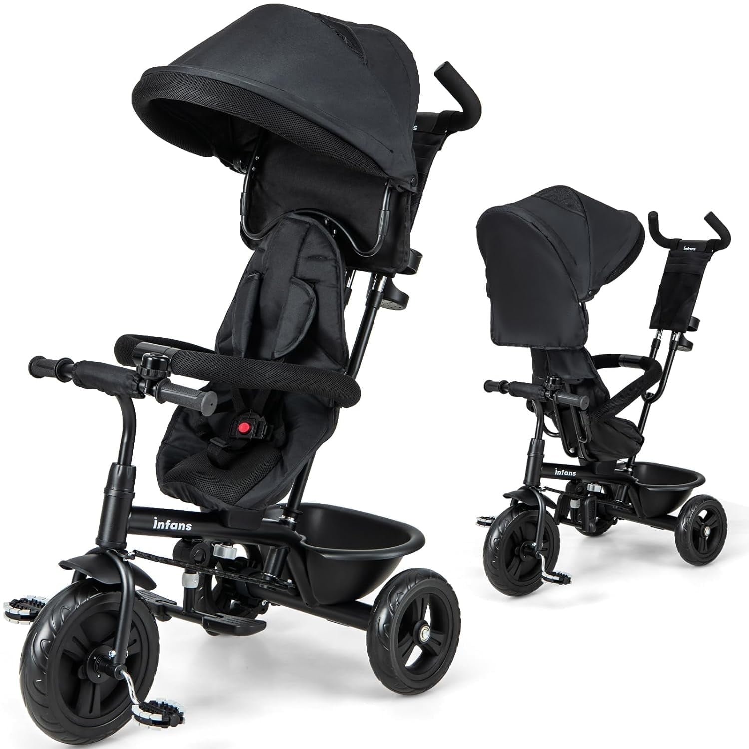 OLAKIDS Baby Tricycle, 6 in 1 Baby Trike Stroller Toddler Bike with Reversible Seat, Adjustable Handle, Control Direction, Removable Canopy, Safety Harness, Belt, Storage Basket, 9 Months-5 Years