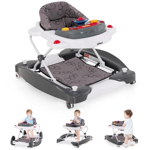 INFANS Baby Walker, 6 in 1 Behind Walker Learning Seated Rocker Bouncer with Removable Music Tray, Adjustable Height and Speed, Washable Seat Cushion, Foldable Activity Center for Toddlers