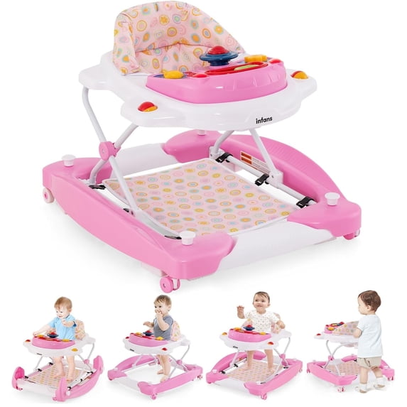 INFANS Baby Walker, 6 in 1 Behind Walker Learning Seated Rocker Bouncer with Removable Music Tray, Adjustable Height, Washable Seat Cushion, Foldable Activity Center for Toddlers