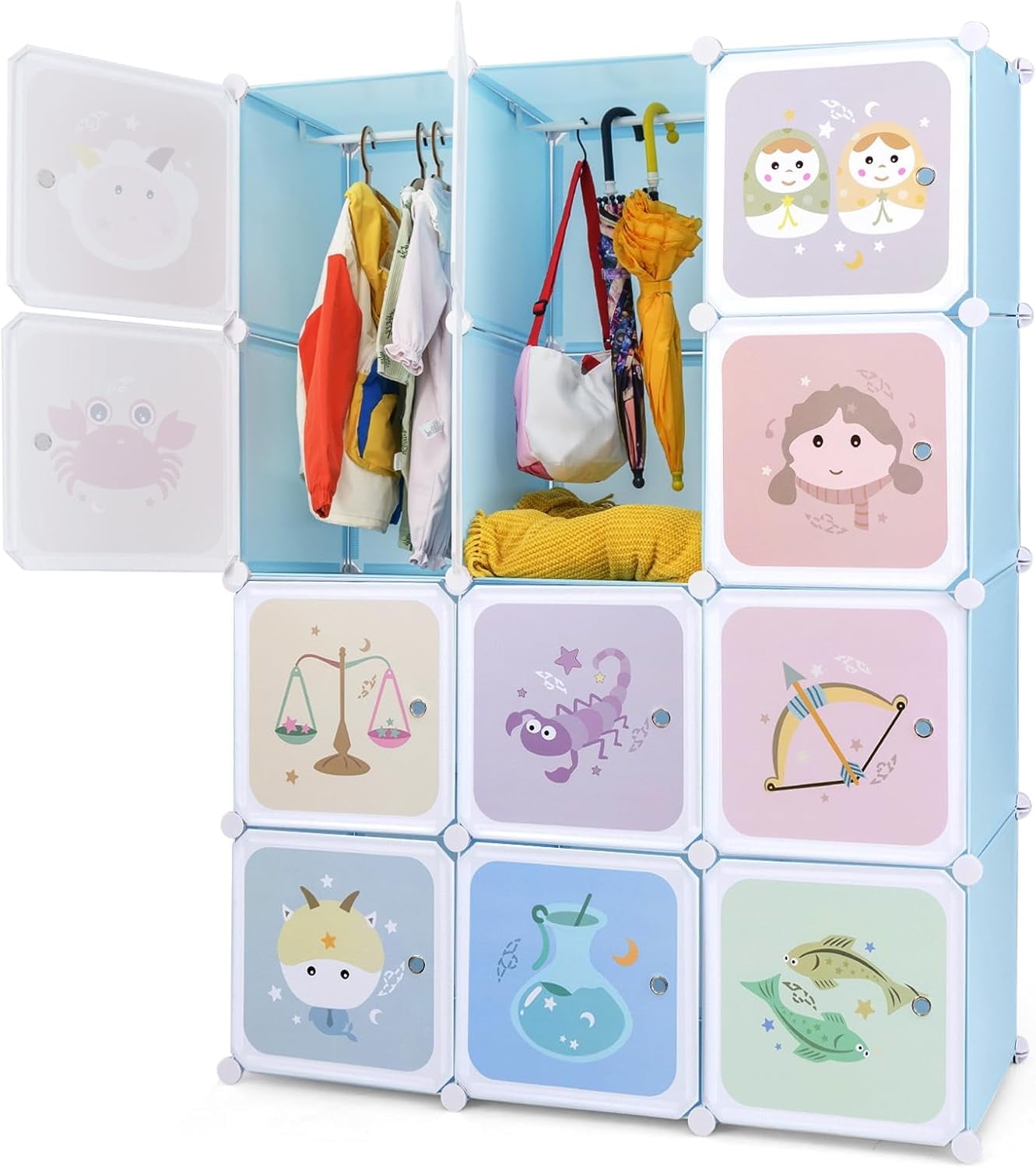 OLAKIDS Children Wardrobe, Kid Closet Portable Baby Dresser Cute for Kids Bedroom Nursery Armoire with Doors 12 Cube 2 Hanging Sections, Kid Clothes Storage Organizer
