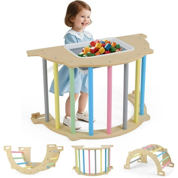 OLAKIDS Climbing Arch for Toddlers, 5 in 1 Wooden Indoor Kids Climber Rocker Montessori Sensory Table with Foldable Storage Bin, Baby Pikler Toy Set Gym Learning Crawling Gift for Children