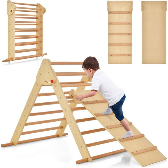 OLAKIDS Climbing Toys for Toddlers, 3 in 1 Foldable Kids Wood Montessori Pikler Climber Ladder with Ramp, Slide for Gym Playground, Baby Indoor Climb Play Structure Activity Set (Natural)