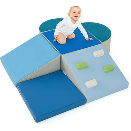 OLAKIDS Climbing Toys for Toddlers, 6 Pieces Baby Foam Blocks Soft Play Set with PU Leather, Indoor Kids Climb and Crawl Sliding Activity Structure Gym Playground Climber