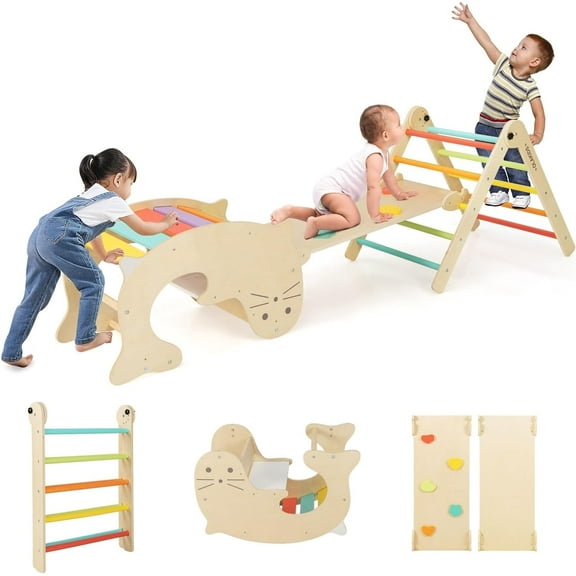 OLAKIDS Climbing Toys for Toddlers, 7 in 1 Foldable Wooden Pikler Montessori Jungle Gym with Ramp Slide Arch Rocker Angle Adjustable Ladder, Indoor Kids Activity Playground Baby Climber