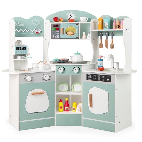 OLAKIDS Corner Kids Kitchen Playset, Toddler Wooden Pretend Cooking Set with Lights Sounds Coffee Machine Washing Machine, Stove Removable Sink Storage Cabinet, Simulation Play Kitchen Toy