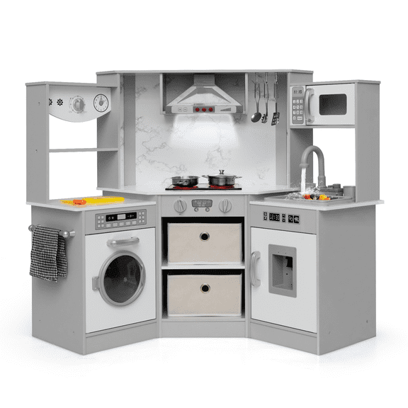 OLAKIDS Corner Kids Kitchen Playset, Toddler Wooden Pretend Cooking Set with Real Running Water Circulation Realistic Light Sound Stove Removable Sink Storage Cabinet, Simulation Play Kitchen Toy