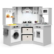 OLAKIDS Corner Kids Kitchen Playset, Toddler Wooden Pretend Cooking Set with Real Running Water Circulation Realistic Light Sound Stove Removable Sink Storage Cabinet, Simulation Play Kitchen Toy