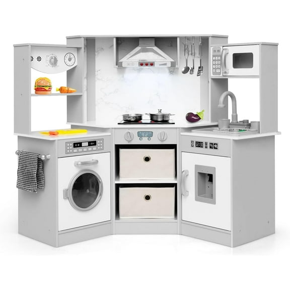 OLAKIDS Corner Kids Kitchen Playset, Toddler Wooden Pretend Cooking Set with Real Running Water Circulation Realistic Light Sound Stove Removable Sink Storage Cabinet, Simulation Play Kitchen Toy