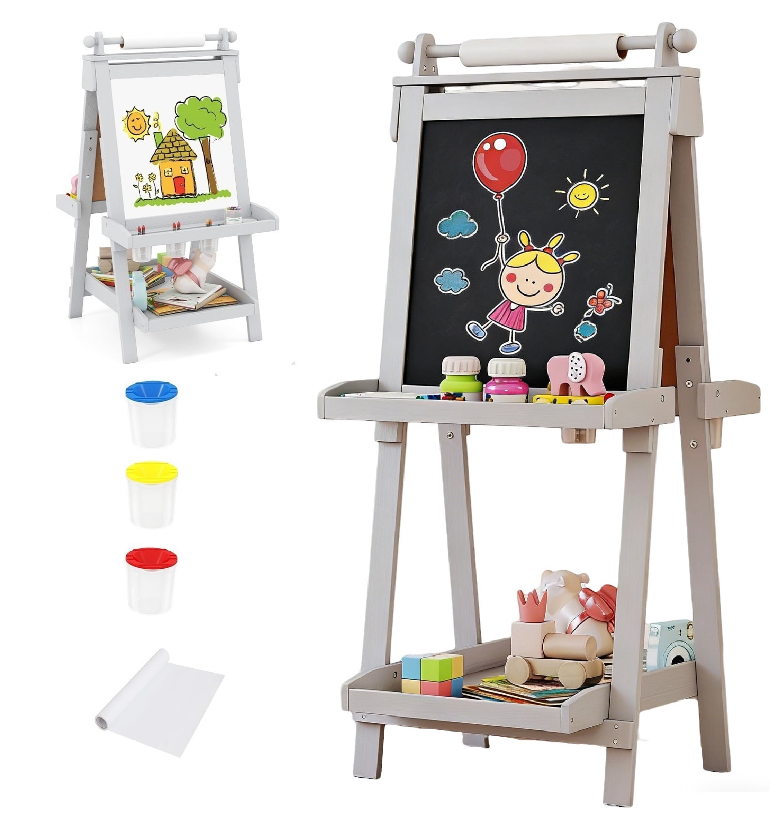 OLAKIDS Easel for Kids, 3 in 1 Adjustable Painting Art Board, Foldable Double-Sided Wooden Drawing Chalkboard Magnetic Whiteboard with Paper Roll, Storage Rack, Cups for Boy Girls