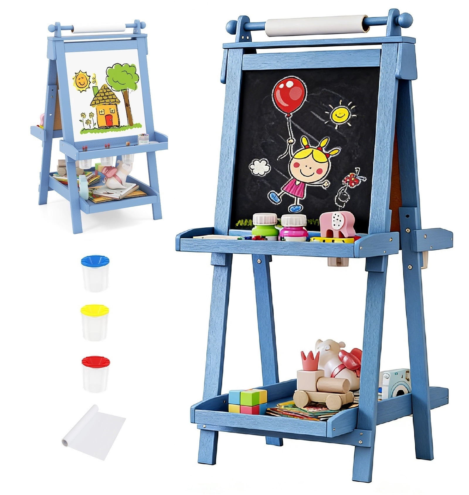 OLAKIDS Easel for Kids, 3 in 1 Adjustable Painting Art Board, Foldable Double-Sided Wooden Drawing Chalkboard Magnetic Whiteboard with Paper Roll, Storage Rack, Cups for Boy Girls