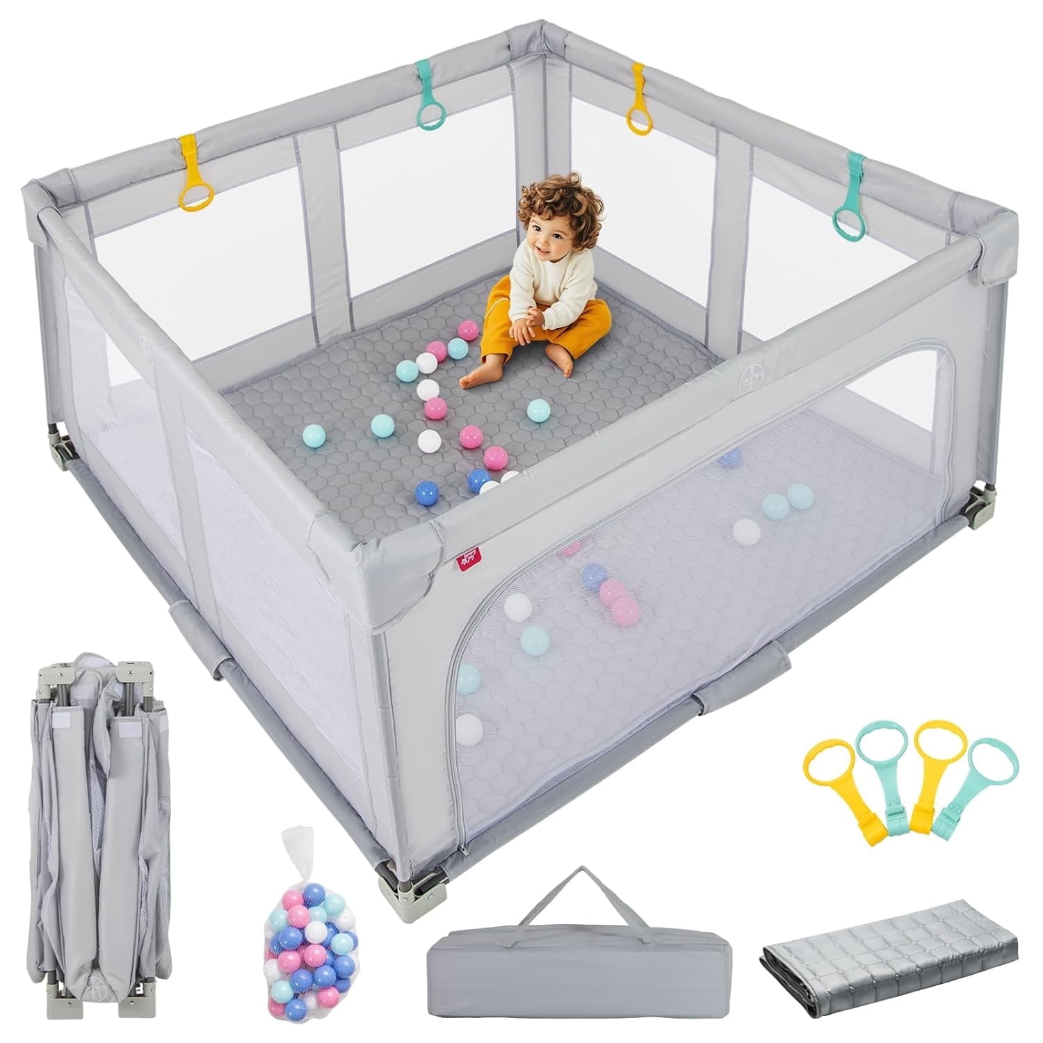 OLAKIDS Foldable Baby Playpen with Mat, 59” x 59” Large Baby Play