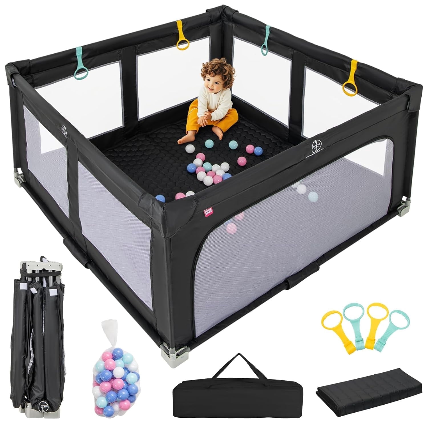 INFANS Foldable Baby Playpen with Mat, 59” x 59” Large Baby Play Yard for Infant with 50 Ocean Balls, 4 Handlers, Carry Bag, Indoor Outdoor Fence Toddler Activity Center