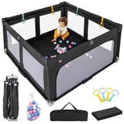 INFANS Foldable Baby Playpen with Mat, 59” x 59” Large Baby Play Yard for Infant with 50 Ocean Balls, 4 Handlers, Carry Bag, Indoor Outdoor Fence Toddler Activi