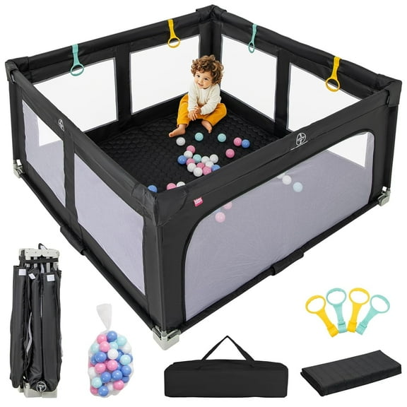 OLAKIDS Foldable Baby Playpen with Mat, 59” x 59” Large Baby Play Yard for Infant with 50 Ocean Balls, 4 Handlers, Carry Bag, Indoor Outdoor Fence Toddler Activity Center