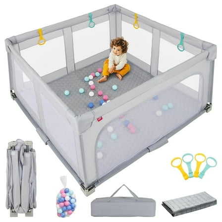OLAKIDS Foldable Baby Playpen with Mat, 59” x 59” Large Baby Play Yard for Infant with 50 Ocean Balls, 4 Handlers, Carry Bag, Indoor Outdoor Fence Toddler Activity Center