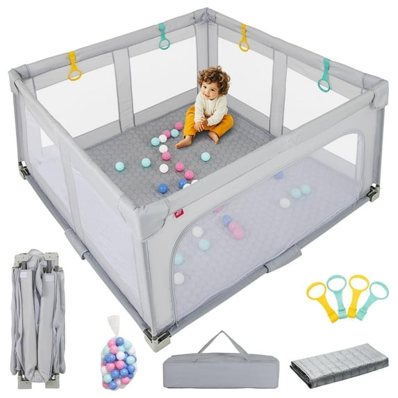OLAKIDS Foldable Baby Playpen with Mat, 59” x 59” Large Baby Play Yard for Infant with 50 Ocean Balls, 4 Handlers, Carry Bag, Indoor Outdoor Fence Toddler Activity Center