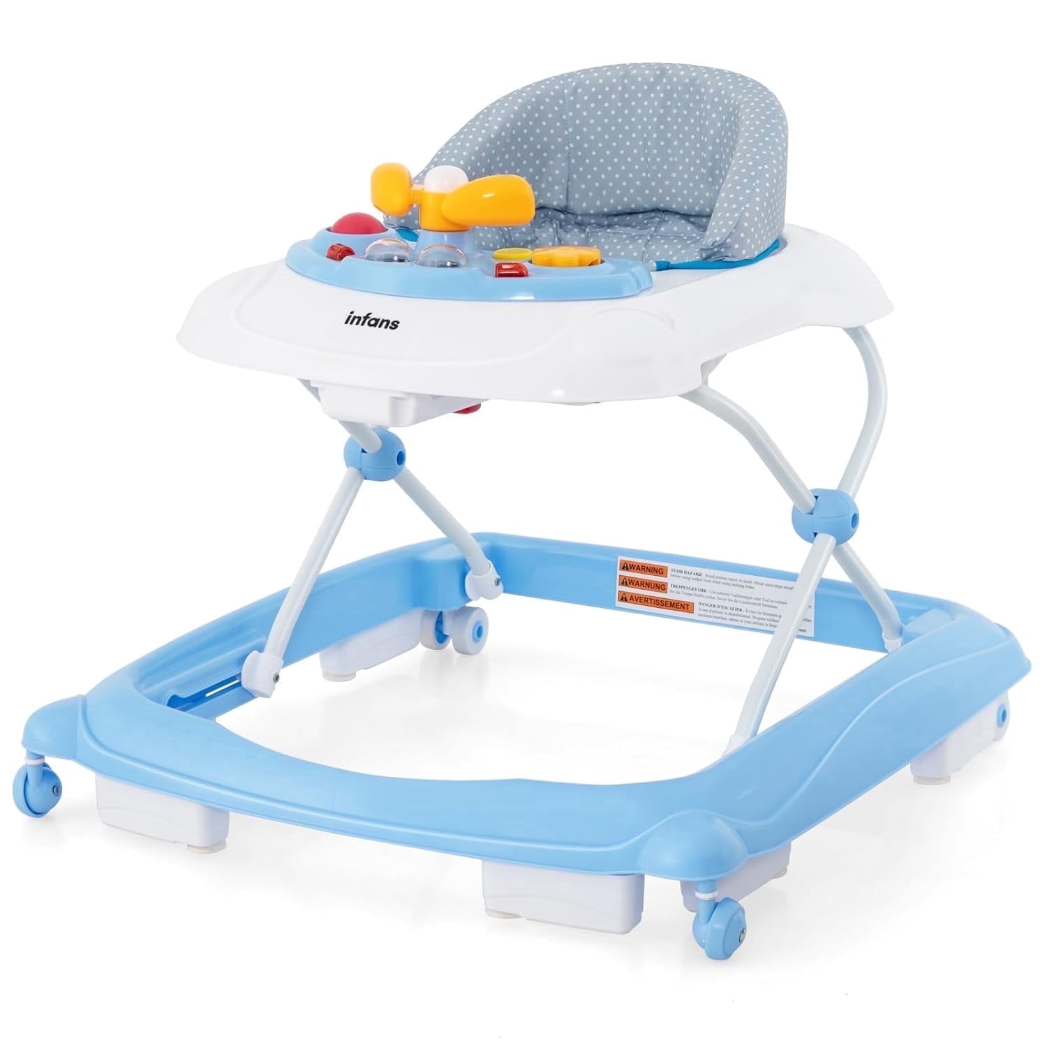 INFANS Foldable Baby Walker, 3 in 1 Toddler Walker Leaning-Seated Walk-Behind with Removable Music Tray, Adjustable Height, Washable Seat Cushion for Boys and Girls