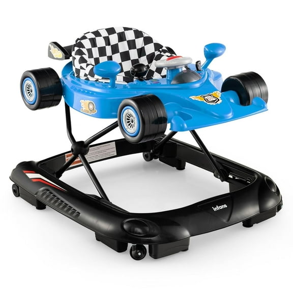 OLAKIDS Foldable Baby Walker, Toddler Activity Center Leaning-Seated Walk-Behind with Steering Wheel, Adjustable Height, Lights, Music, Washable Seat Cushion (Blue)