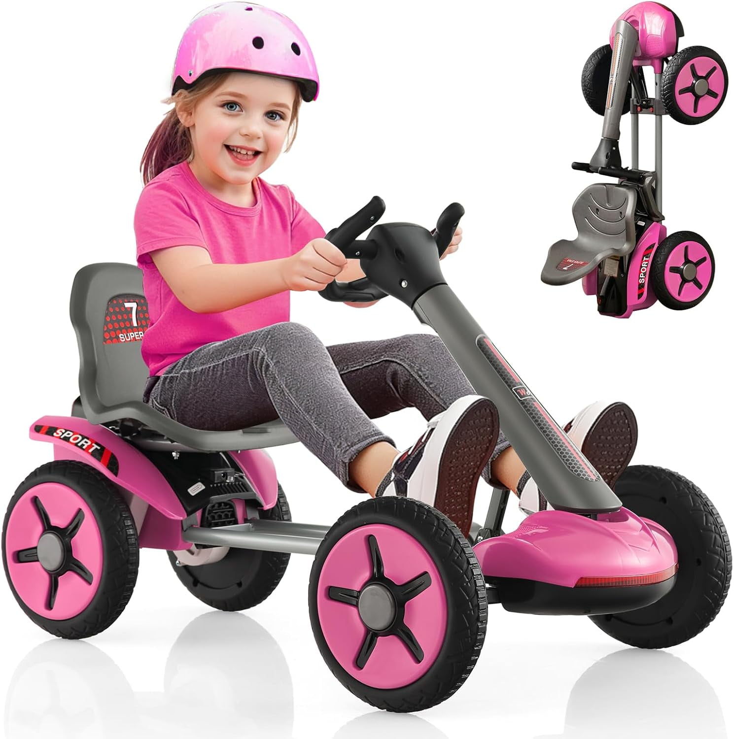 OLAKIDS Go Kart for Kids, 12V Battery Ride On Car with Adjustable Seat and Steering Wheel, Folding Wheel, Detachable Cup Holder, LED Light, Electric Go Cart for Ages 2-5 Years (Pink)