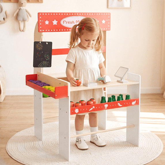 OLAKIDS Grocery Store Marketplace Toy, Kids Wooden Market Stand Pretend Play Set with Chalkboard Cash Register and 36 Fruit Veggies Pieces, Shop Playset Gift for Boys Girls Ages 3+