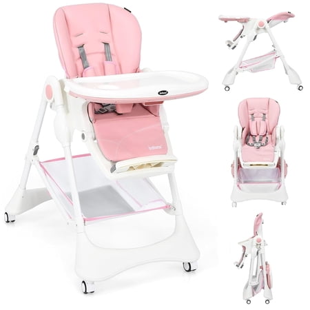 INFANS High Chair with One-Hand Removable Tray, 4 Lockable Wheels & Large Storage Basket - Multi-Adjustable Height, Footrest, Removable Cushion, Foldable for Baby, Infant& Toddler, Pink