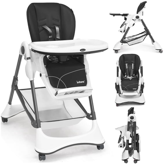 INFANS High Chair with One-Hand Removable Tray, 4 Lockable Wheels & Large Storage Basket - Multi-Adjustable Height, Recline & Footrest, Removable Cushion, Foldable for Baby, Infant& Toddler, Grey