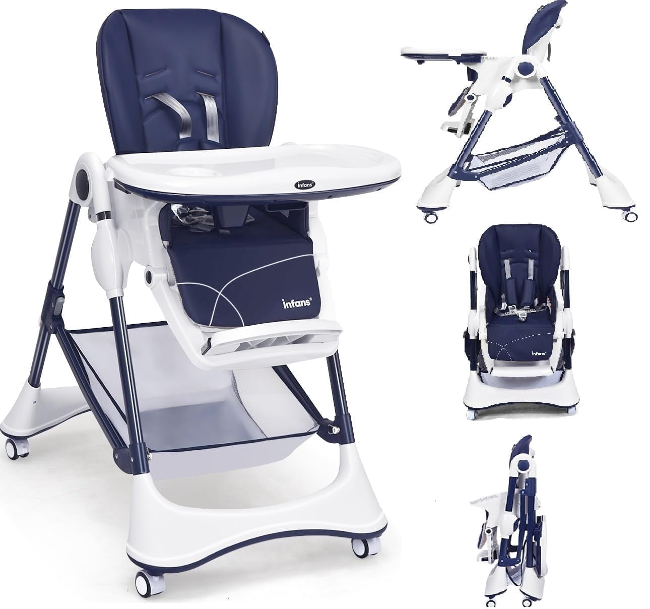 INFANS High Chair with One-Hand Removable Tray, 4 Lockable Wheels & Large Storage Basket - Multi-Adjustable Height, Recline & Footrest, Removable Cushion, Foldable for Baby, Infant& Toddler