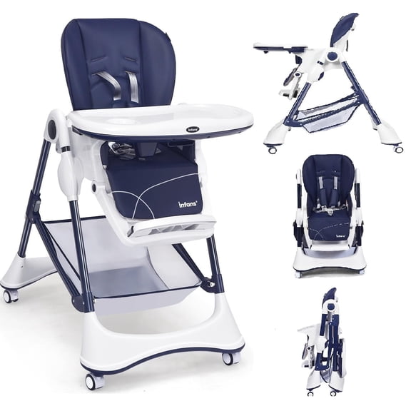 INFANS High Chair with One-Hand Removable Tray, 4 Lockable Wheels & Large Storage Basket - Multi-Adjustable Height, Recline & Footrest, Removable Cushion, Foldable for Baby, Infant& Toddler