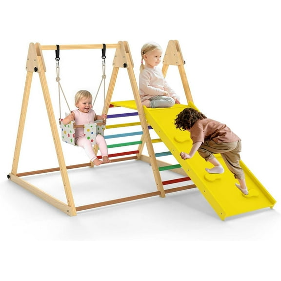 OLAKIDS Indoor Jungle Gym, 3 in 1 Wooden Foldable Montessori Toddler Climbing Toys with Adjustable Baby Swing Ramp Ladder