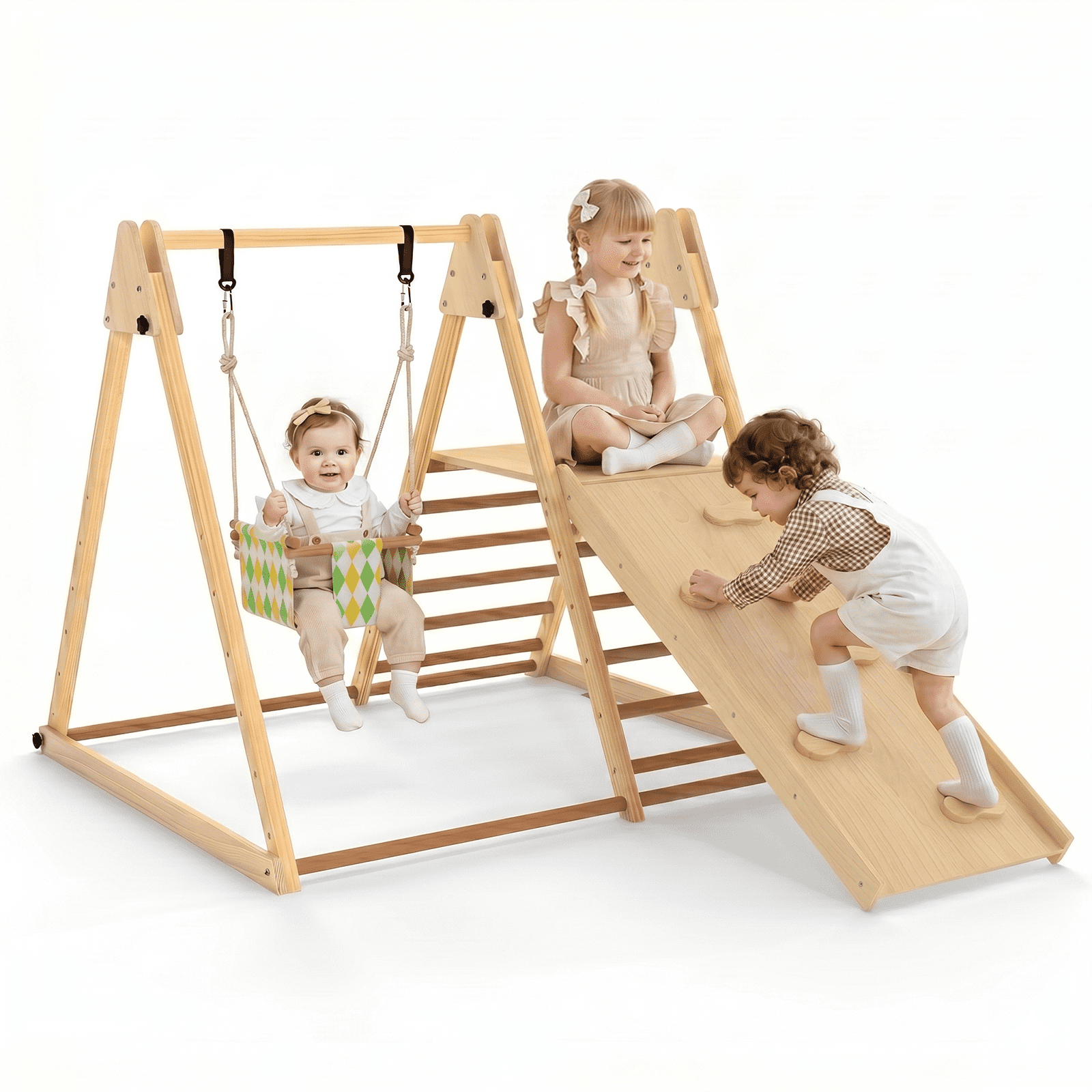 OLAKIDS Indoor Jungle Gym, 3 in 1 Wooden Foldable Montessori Toddler ...