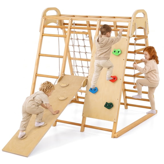 OLAKIDS Indoor Jungle Gym, 8 in 1 Kids Montessori Indoor Playground Climbing Playset for Toddlers with Slide Swing Net Monkey Bars Rope Ladder, Wood Climber Toys for Boys Girls